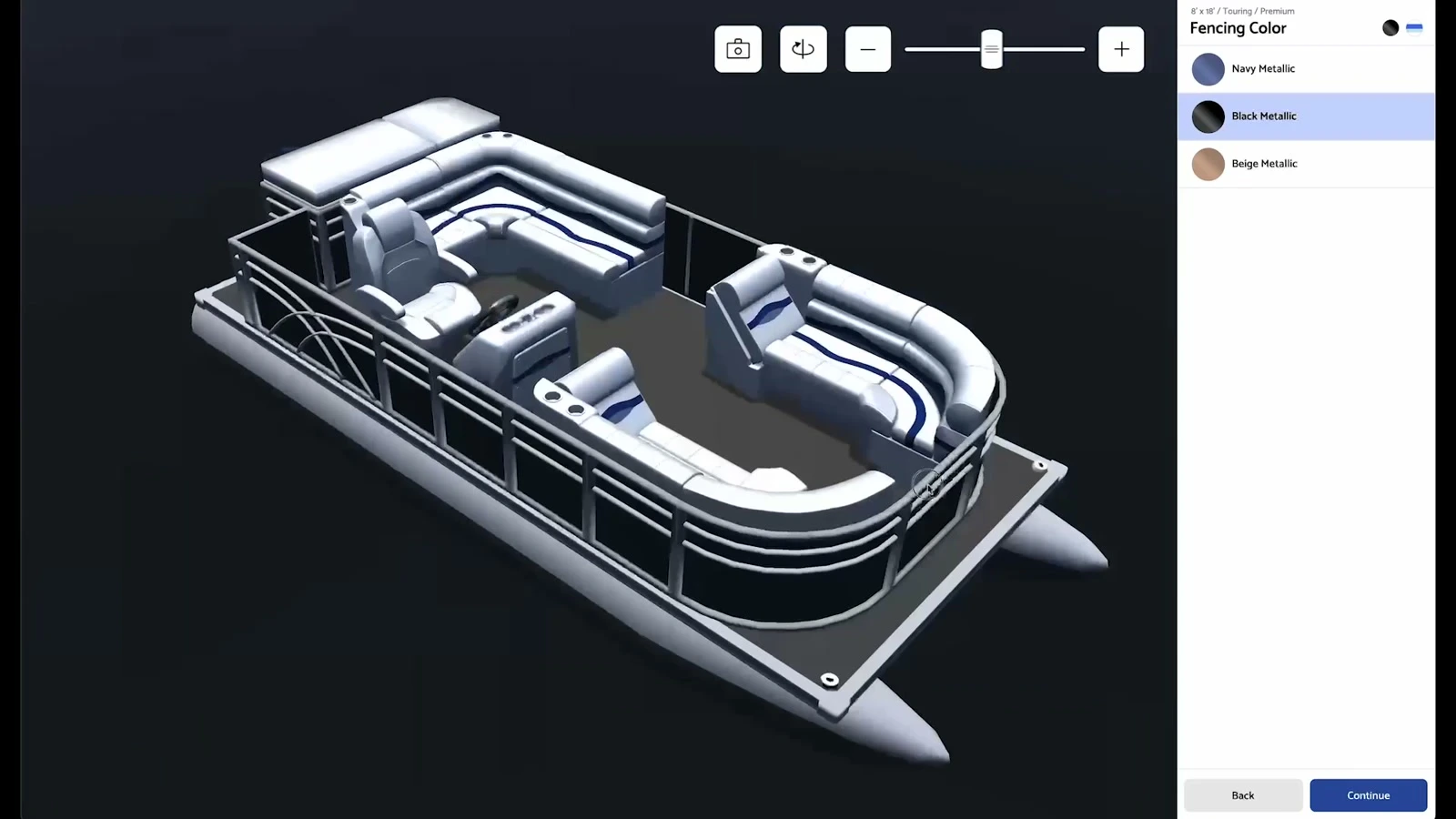 PontoonStuff 3D builder showing a configured pontoon boat