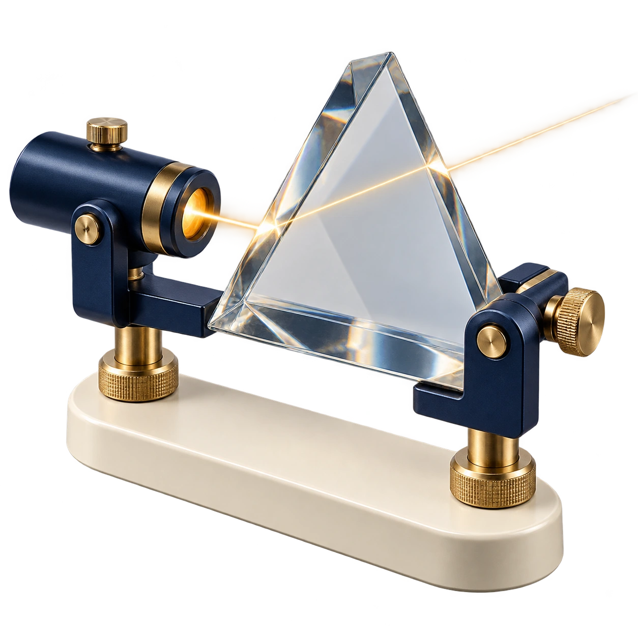 A brass and navy optical instrument refracting light through a glass prism