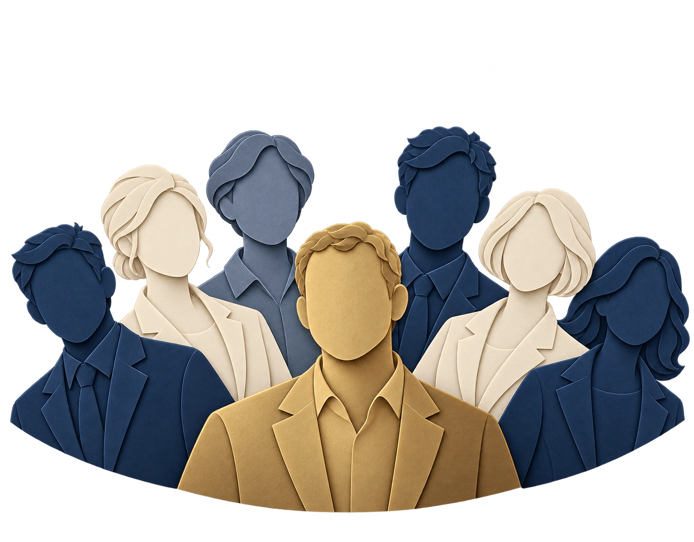 A central brass figure brings together a fan of individual specialists in navy, ivory and slate.