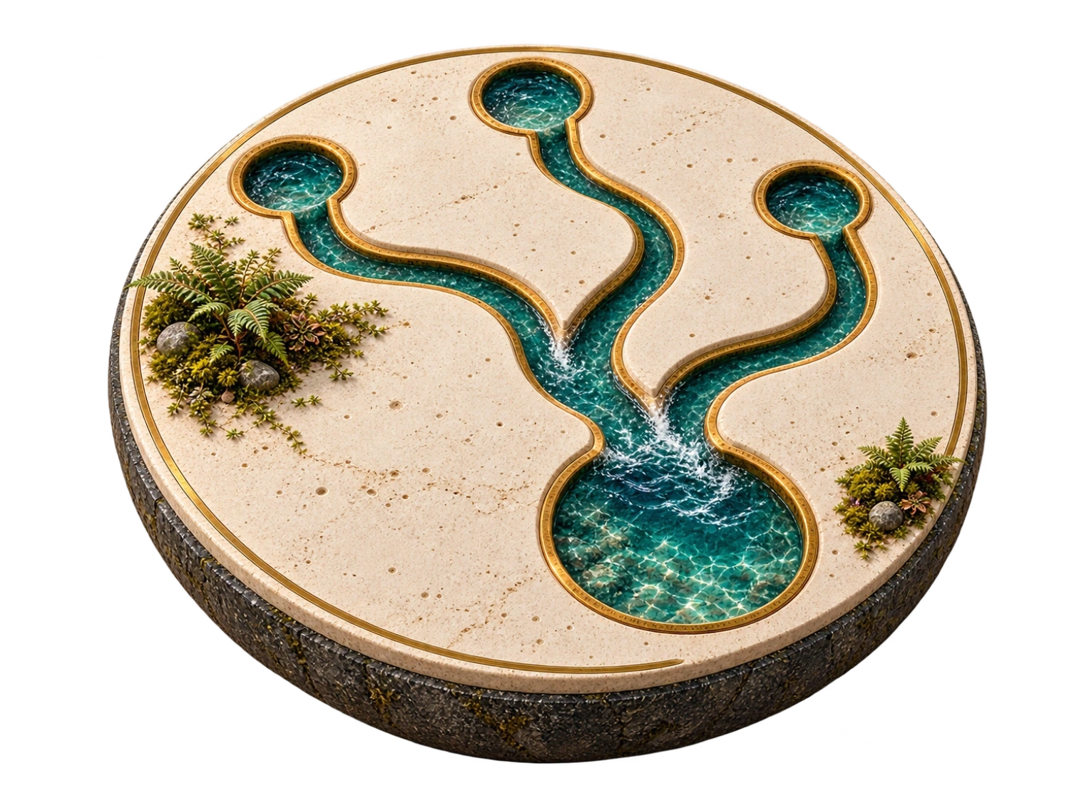 Three curved stone waterways pass through a planted landscape and join in one clear pool.