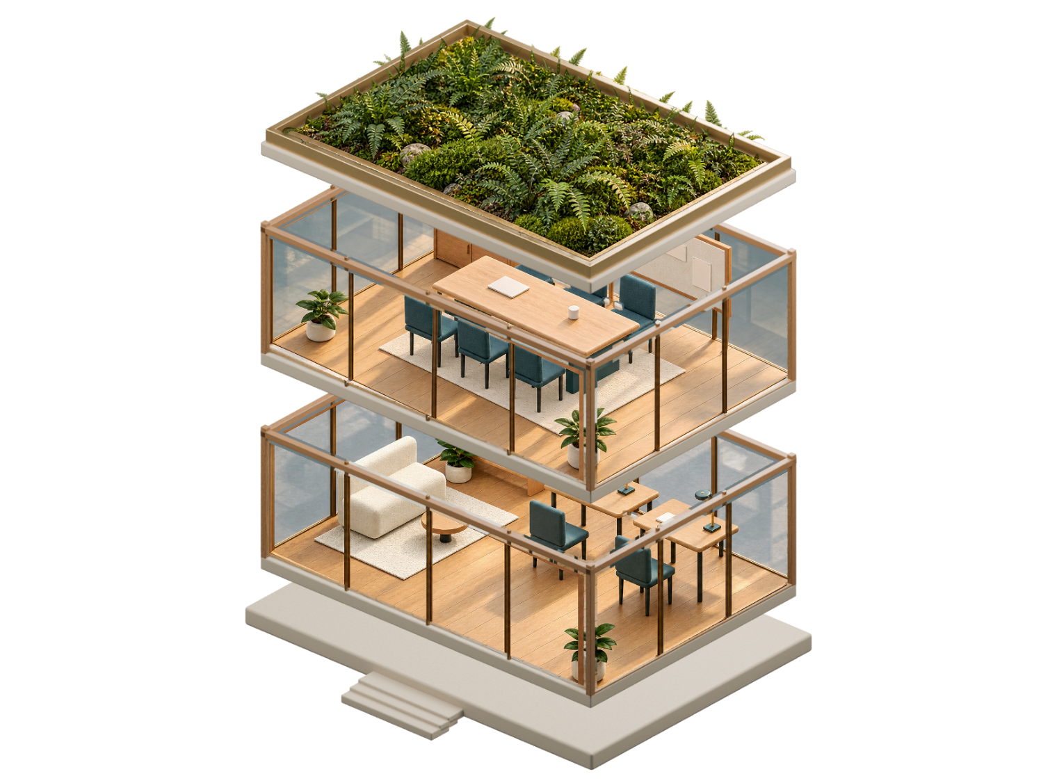 A detailed timber, stone and glass studio with independent furnished floors and a planted roof.