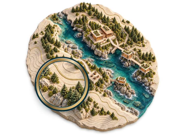 A brass magnifying lens travels over a detailed carved landscape, bringing individual pathways into focus.