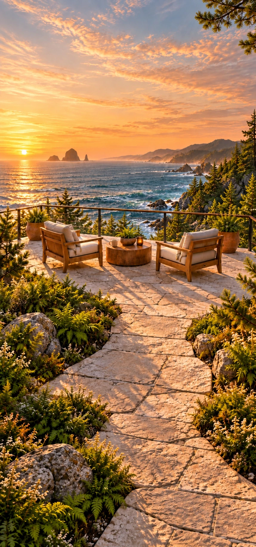 Two timber chairs gathered around a round table on a stone terrace, facing a Pacific Northwest sunset and coastal rocks.