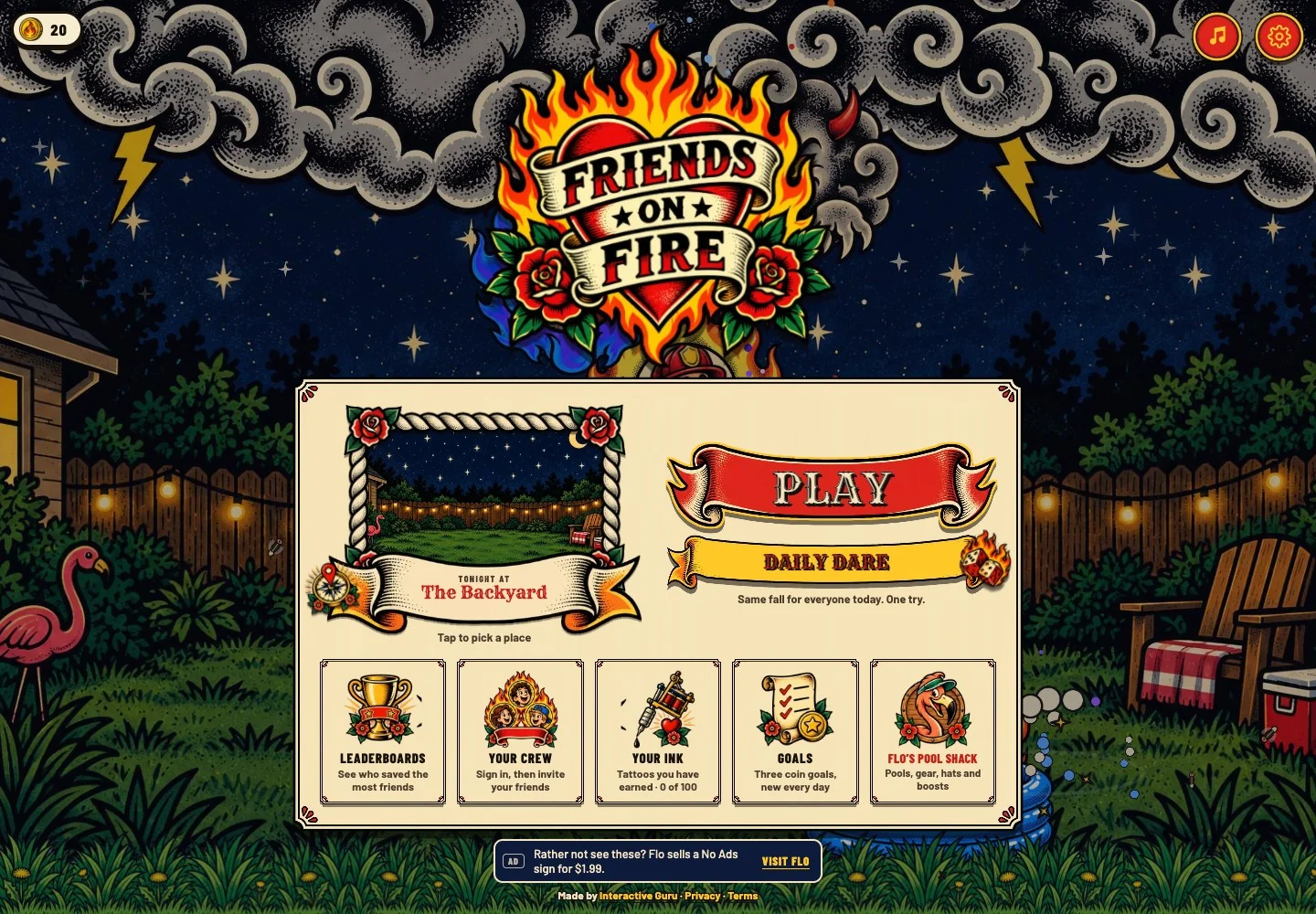 Friends on Fire: a flaming-heart logo above the illustrated backyard and Play menu