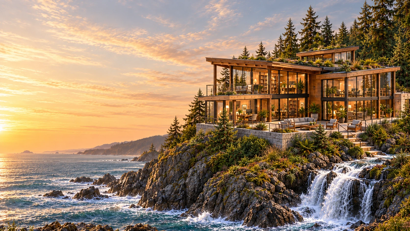 The imagined Interactive Guru workshop: a timber-and-glass studio among trees, terraces and a waterfall.