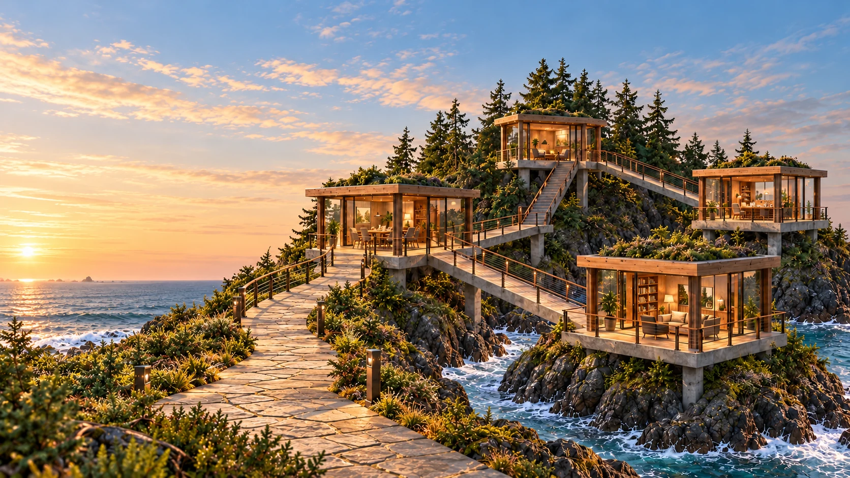 The four original coastal studios, joined by pedestrian bridges above the rocky waterline.
