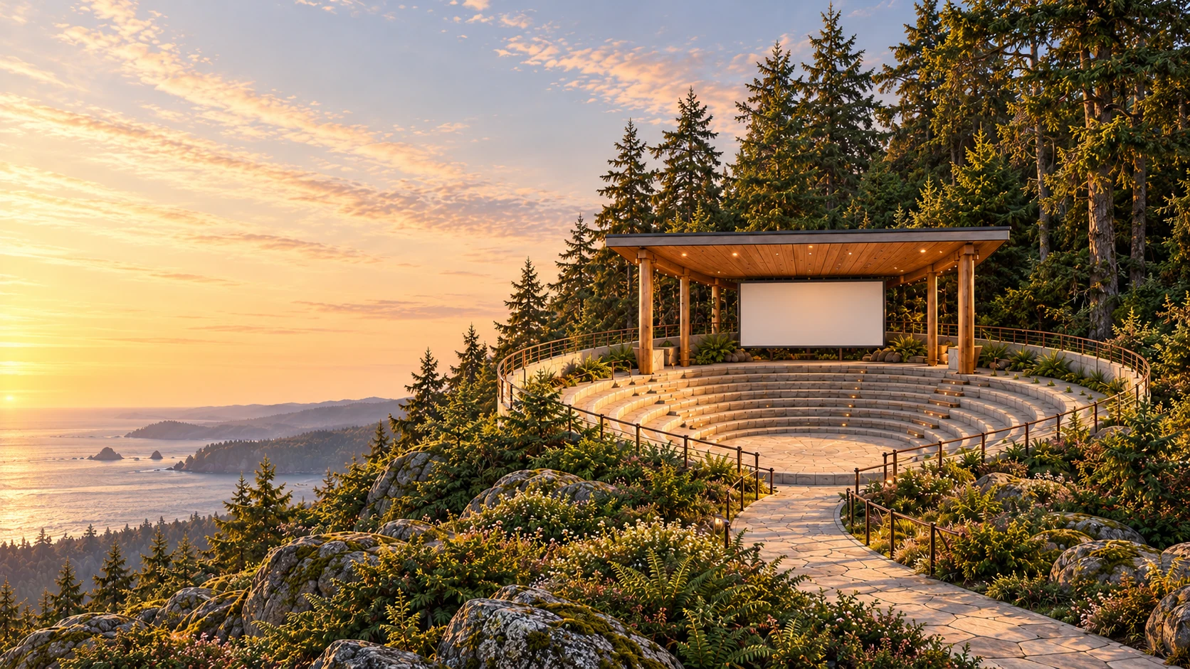 An open-air amphitheater with curved stone seating, a timber stage and a path through the coastal forest.