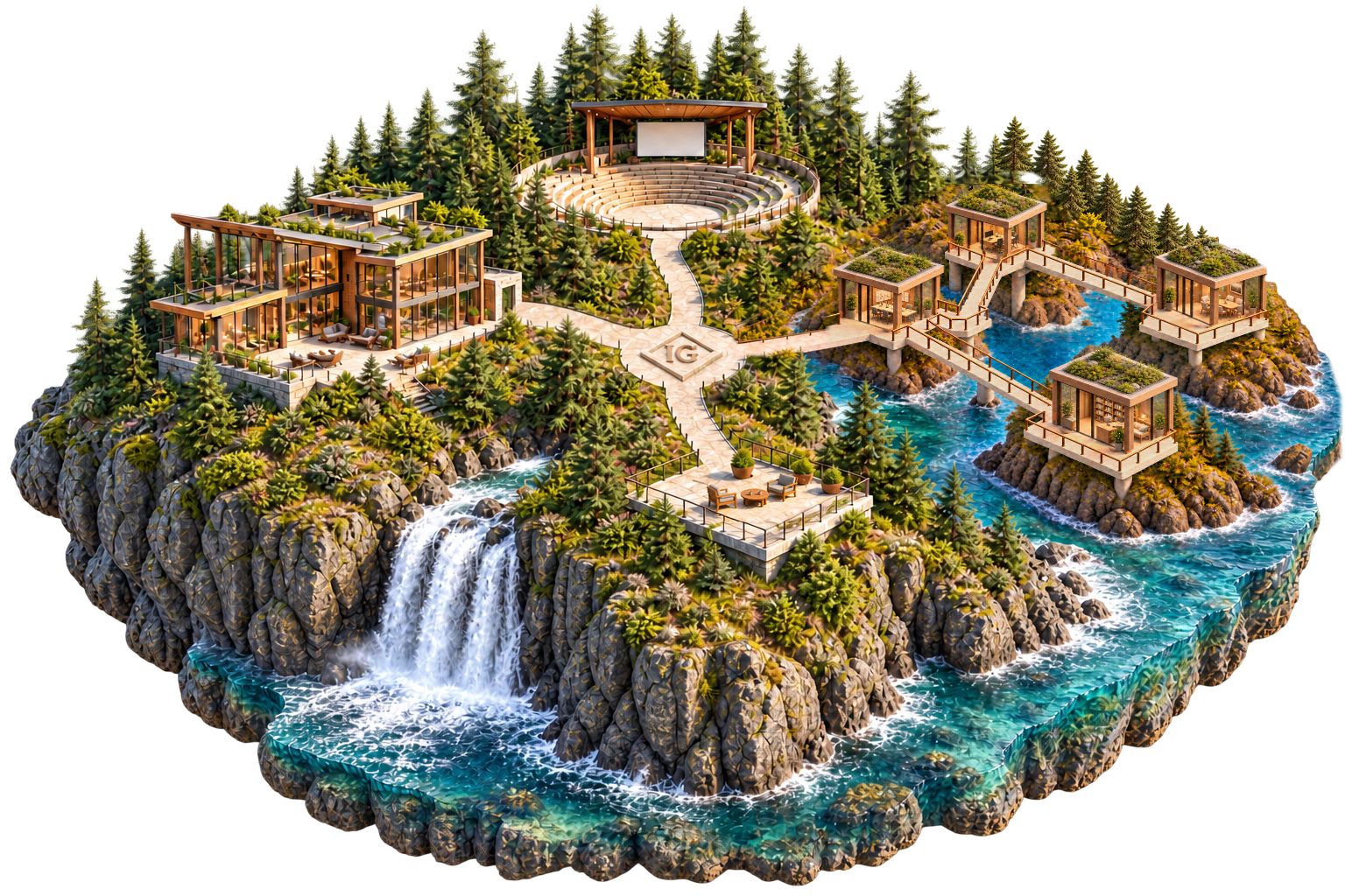 A coastal miniature world: a workshop, amphitheater, four connected waterfront studios and a conversation terrace meet along a stone path with an embedded IG relief.